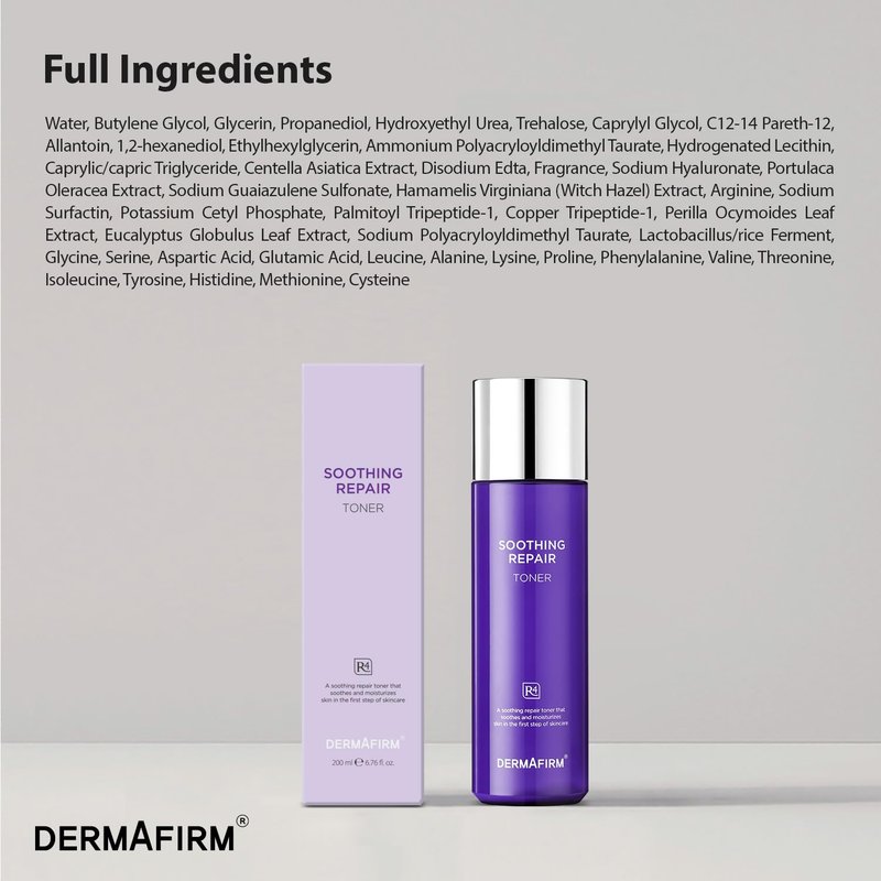 DERMAFIRM Soothing Repair Face Toner R4 | Hydrating Moisturizing & Soothing Toner for Skin Troubles w/Eucalyptus, Peptide & Collagen | Gentle for All Skin Types No Animal Trials No Paraben 6.76 fl oz