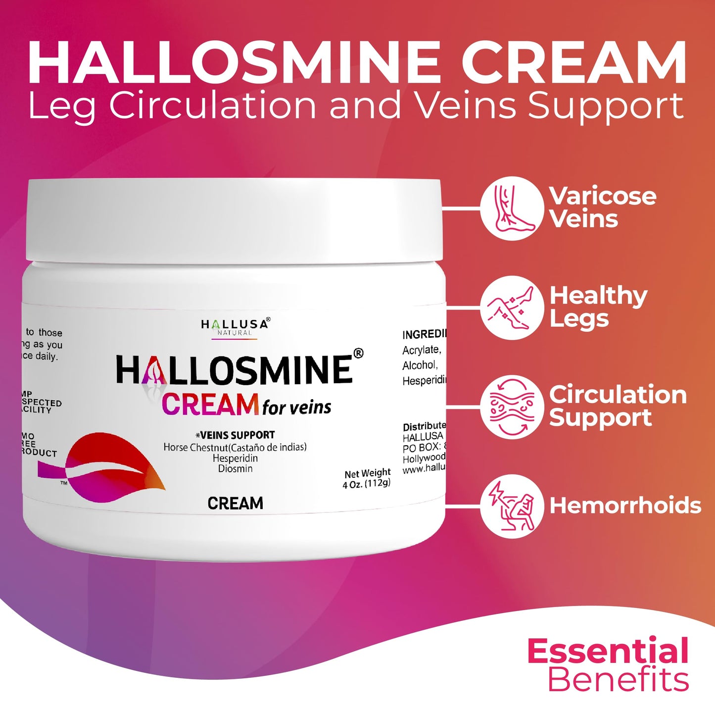 Hallusa Natural Hallosmine Leg Cream with Diosmin, Hesperidin, Horse Chestnut, Menthol & Aloe Vera | Daily Leg Comfort for Visible Veins, Swollen Feet, Ankles and Legs, 4oz (112g)