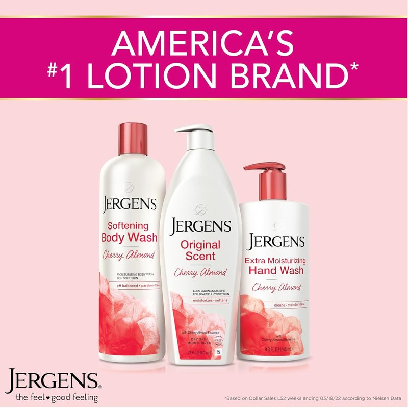 Jergens Hand and Body Lotion - Cherry Almond, Fast Absorbing Moisturizer with Vitamins E, C & B5 | 3 Oz (Pack of 8)
