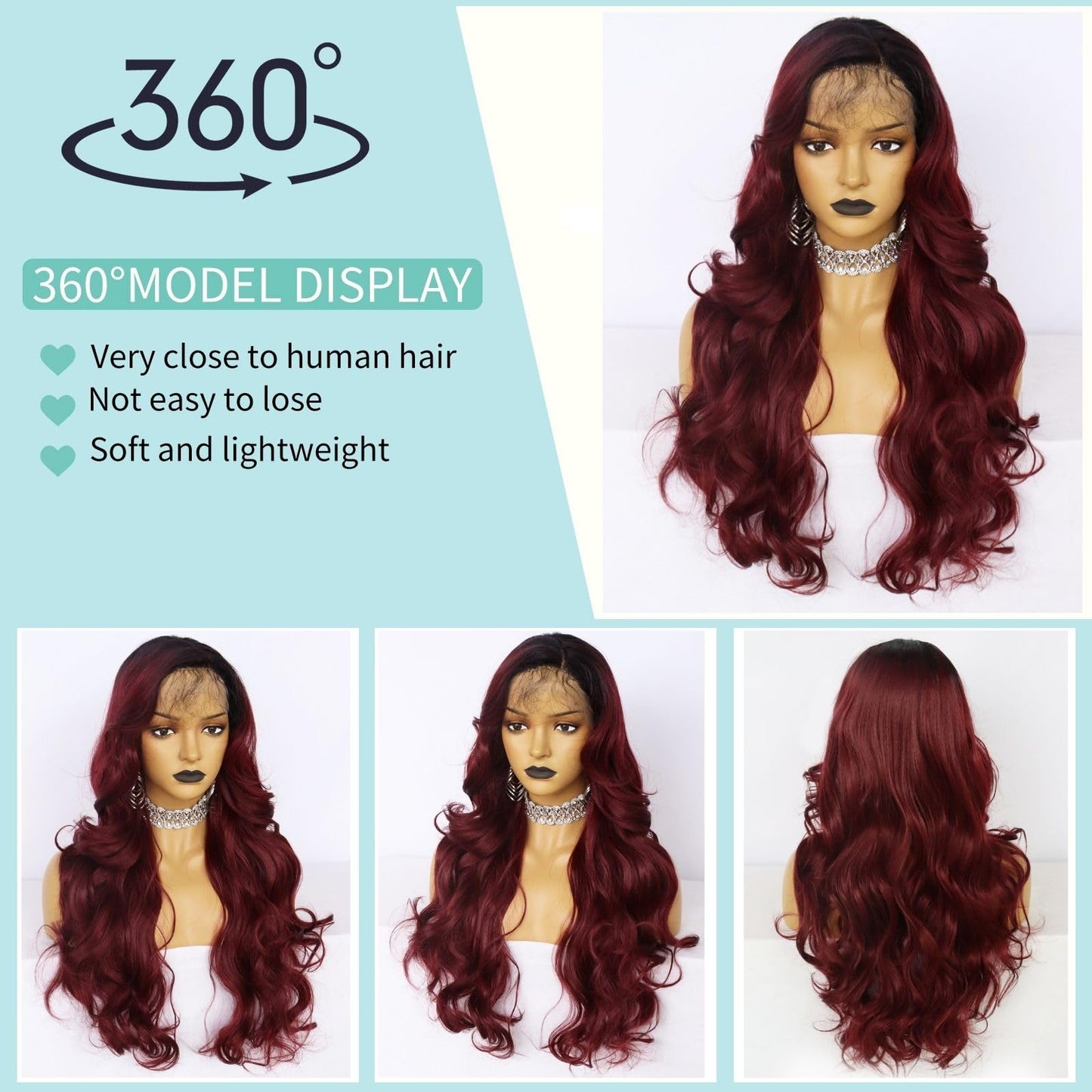 Ebingoo + Wig Cap 26 Inch Burgundy Lace Front Wigs with Dark Roots Wine Red Lace Front Wig With Baby Hair Ombre Red Lace Front Wigs for Women Daily Wear Party
