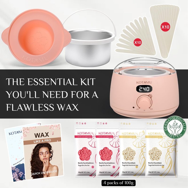 Digital Hair Removal Waxing Kit - Pink Hot Wax Warmer Pot for Face, Eyebrow, Body | 25 Accessories for Sensitive Skin