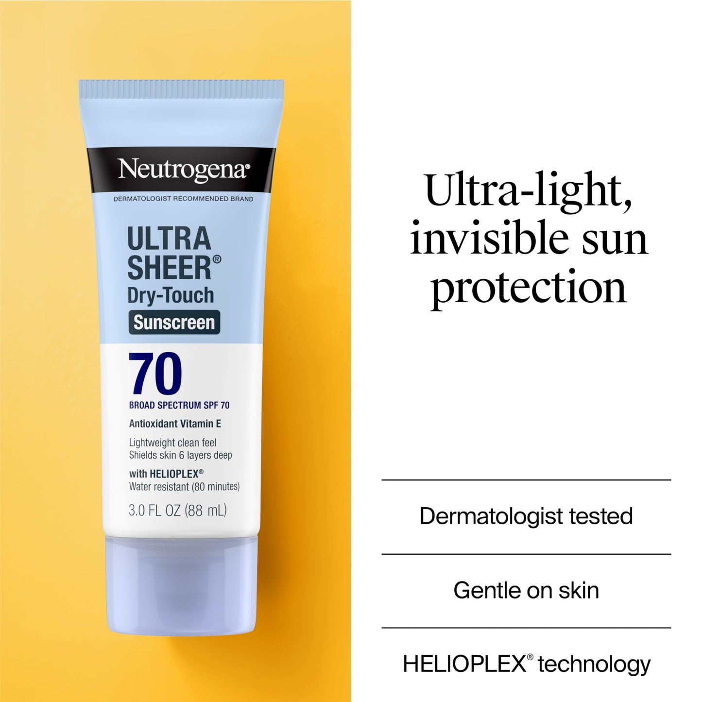 Neutrogena Ultra Sheer Dry-Touch Sunscreen For Face & Body, SPF 70 Broad Spectrum UVA/UVB Protection, Lightweight Water Resistant & Non-Greasy, Travel Size Sunscreen, 3 fl. oz (Pack of 3)
