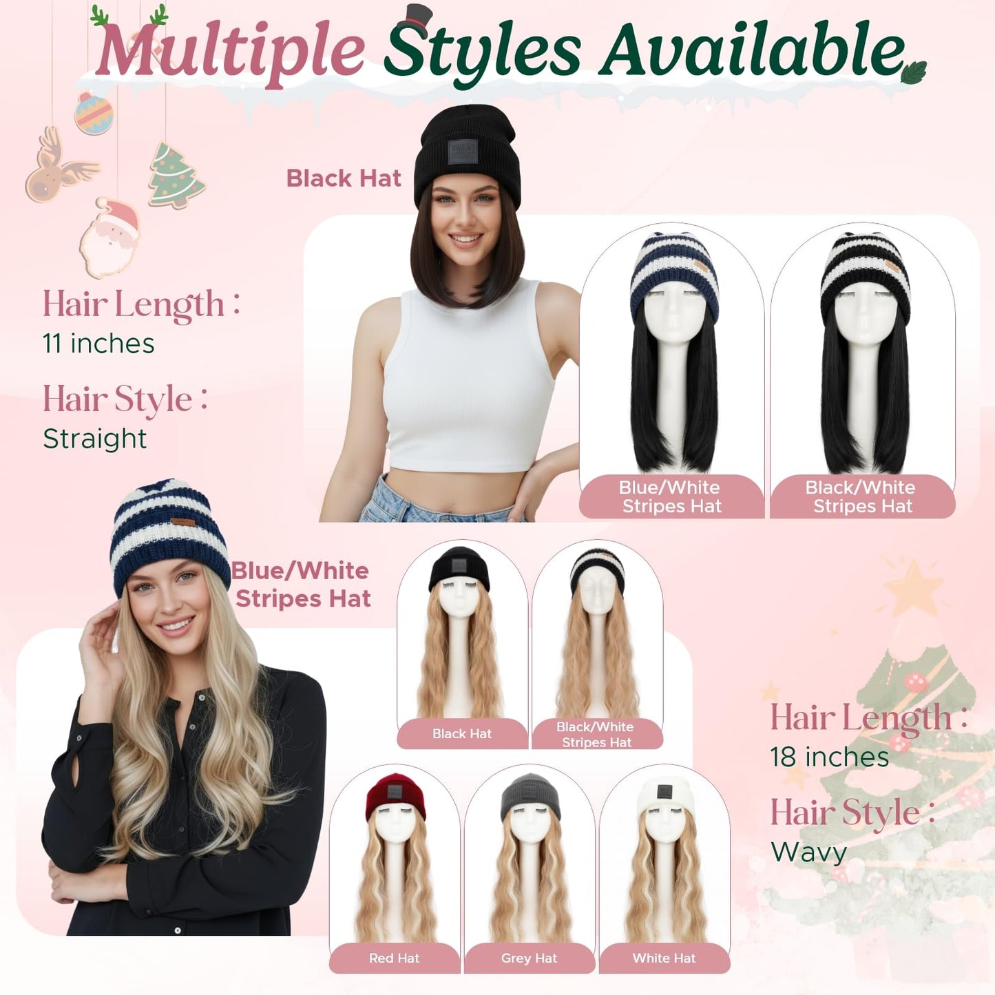 SEGOHAIR Beanie Wig with Hair, 18 Inch Synthetic Hair Extensions in Wavy Styles, Knitted Winter Hat in Black/White Stripes with Attached Hairpiece for Women, #18P613 Ash Blonde Mix Bleach Blonde
