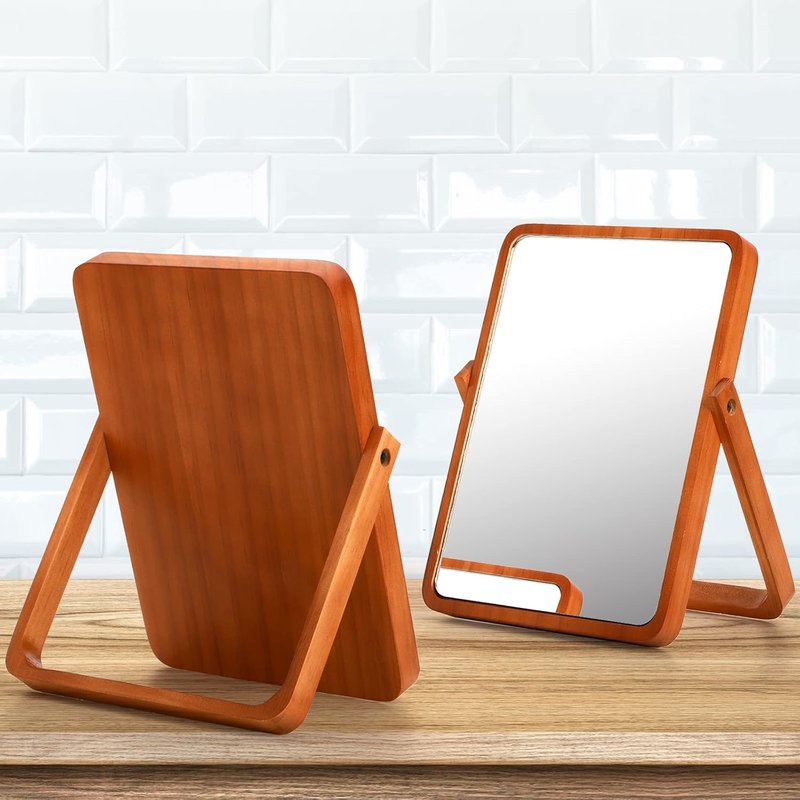 Vanity Mirror with Wood Stand - 360° Rotation Makeup Mirror | 10" Rectangle Portable Cosmetic Mirror in Pine