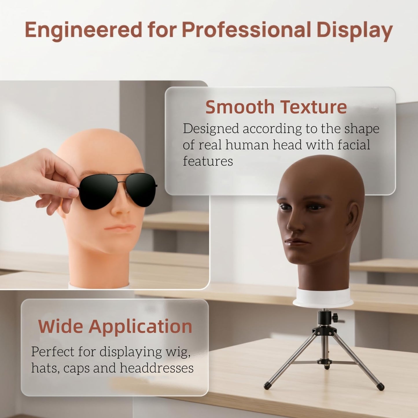Dicunoy 2PCS Mannequin Heads, Male Hair Model, Bald Wig, Afro American Cosmetology Head for Eyeglasses, Hairs, Hat, Helmet, Glasses Display