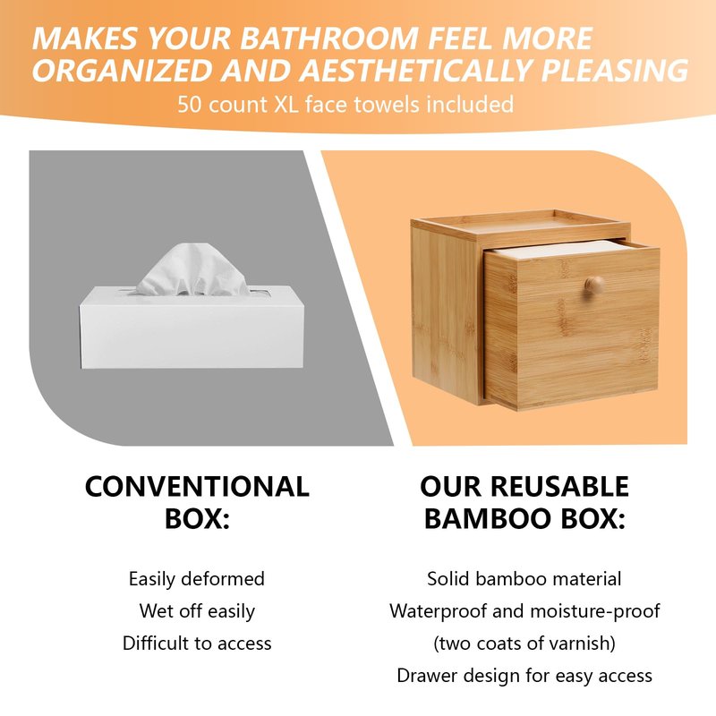 Disposable Face Towel with Bamboo Drawer Storage Box - Face Towelettes Disposable XL, Facial Towels Disposable, Makeup Organizer for Clean Towels, Makeup Remover Dry Wipes Washcloths 50 Ct