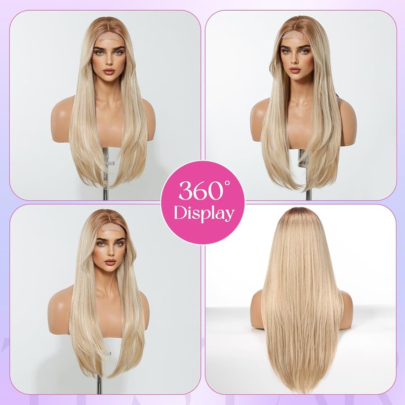 Long Straight Ombre Brown Blonde Wig - Synthetic Lace Front for Daily Use | 26 Inch, Middle Part, Natural Hairline