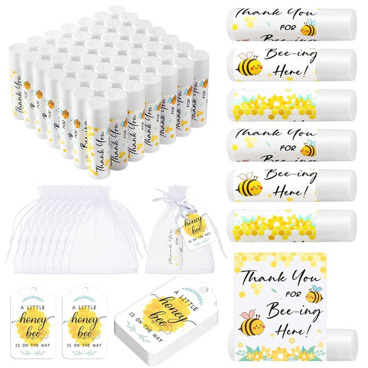 Bee Lip Balm Bulk Set - 50 Baby Shower Favors with Organza Bags & Thank You Tags | Perfect for Baptism & Birthday Parties
