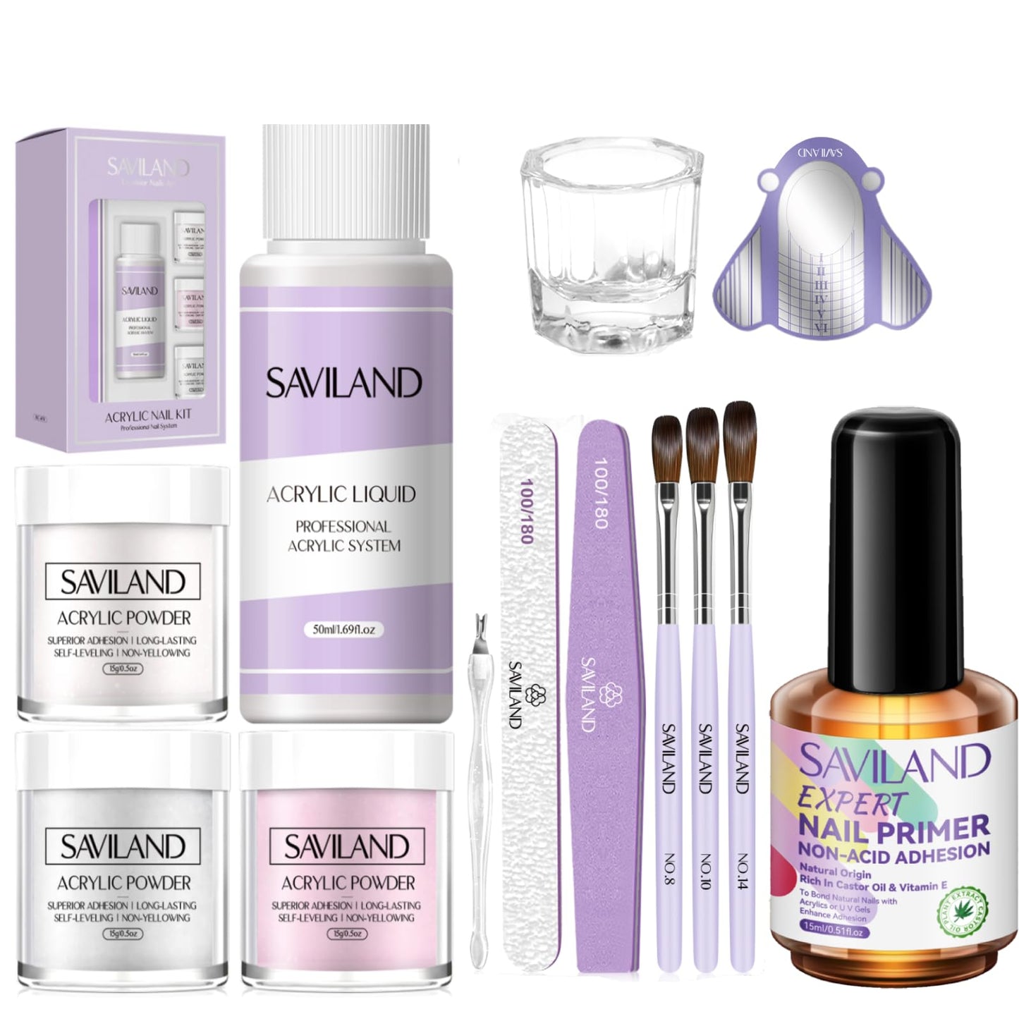 Saviland Easy All-in-One Acrylic Nail Kit with Strong Adhesion Nail Primer Supplies Home Salon