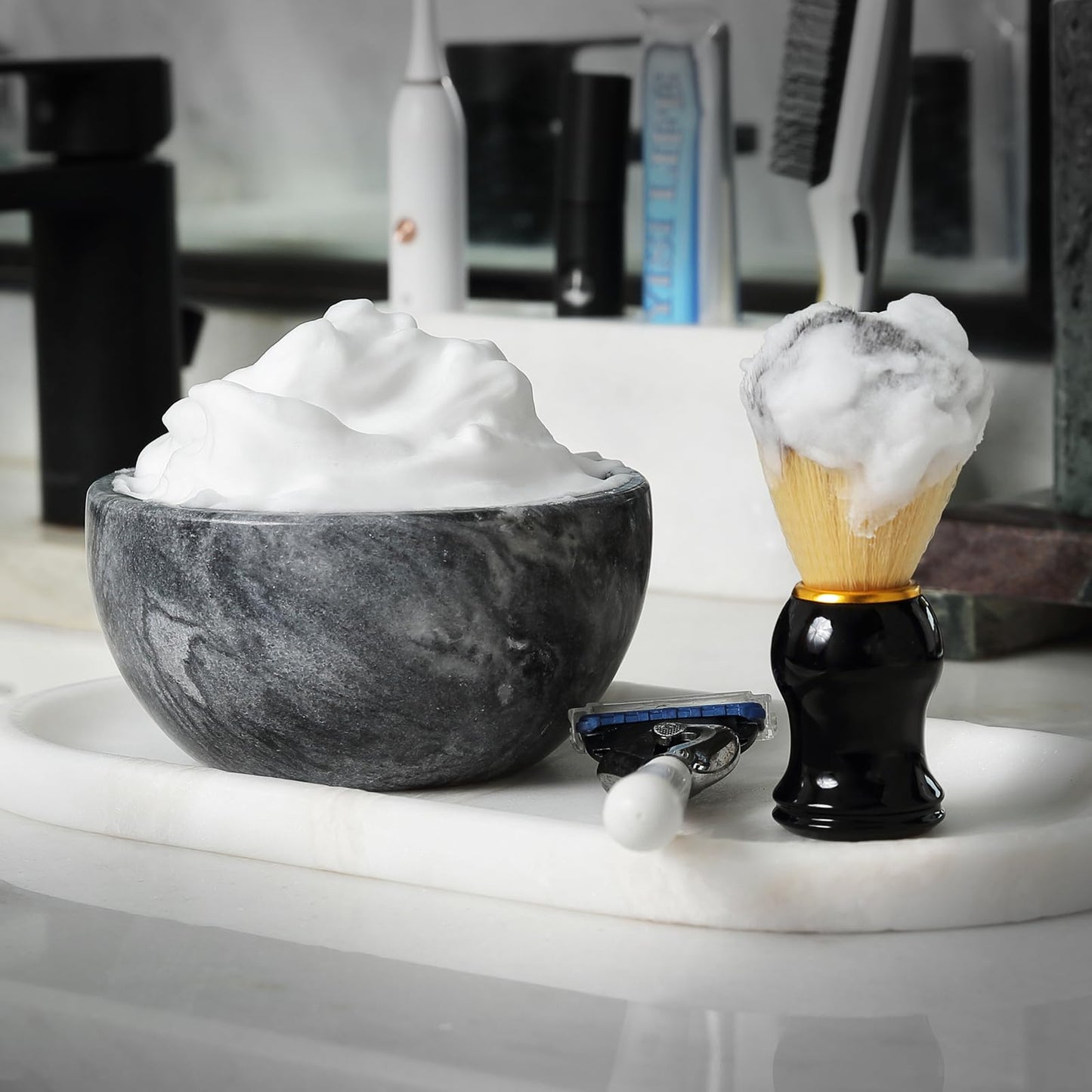 Koville Marble Shaving Soap Bowl 5'' Gray Handmade Shaving Cream Bowl, Marble Bowls For Shaving Foam, Shave Soap Bowl, Shaving Kit Bowl, Shaving Cup Gift for Men with 2 pack Shaving Brush