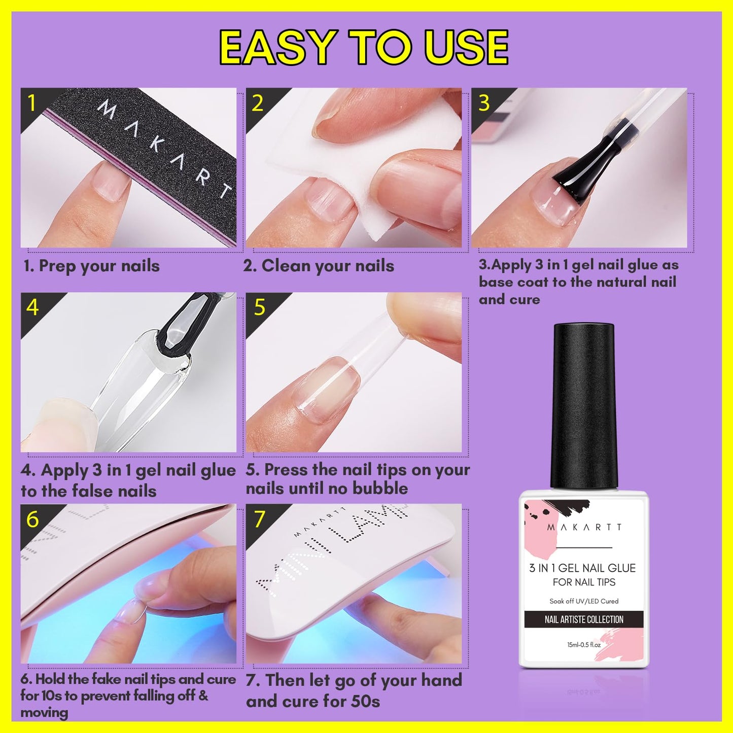 Makartt Gel Nail Glue: 3 in 1 Nail Glue for Acrylic Nails Extension Super Strong Adhesive Long Lasting Brush on Glues for Tips, Base Coat & Slip Solution, & Stick Rhinestone, Curing Needed, 15ml