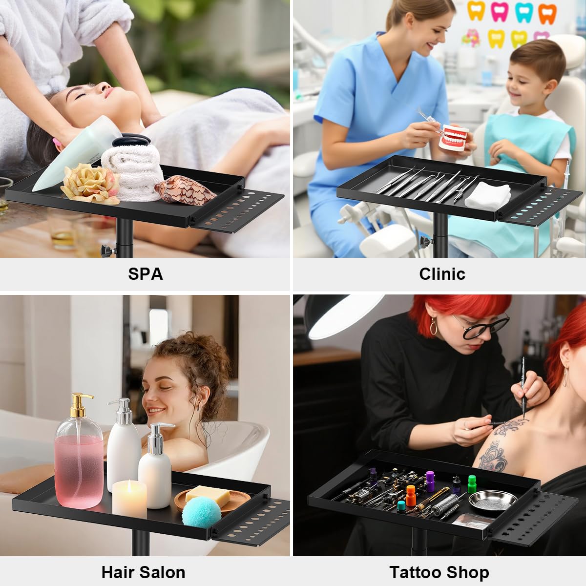 Salon Tray Cart Premium Metal Tattoo Tray, Storage Utility Cart with Tool Rack, Rolling Tray Trolley Adjustable Height, Tool Tray Cart for SPA Clinic Repair Shop