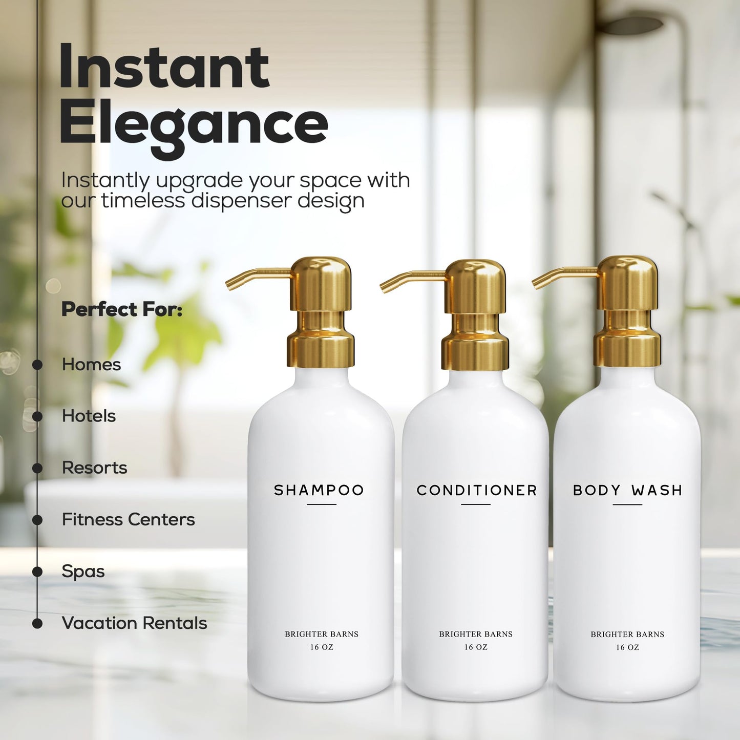 Luxury Shampoo and Conditioner Dispenser Set by Brighter Barns - Shower Soap Dispenser - Shampoo Conditioner Body Wash Dispenser & Pump - White and Gold Bathroom Accessories in Spa, Hotel, Gift (Gold)