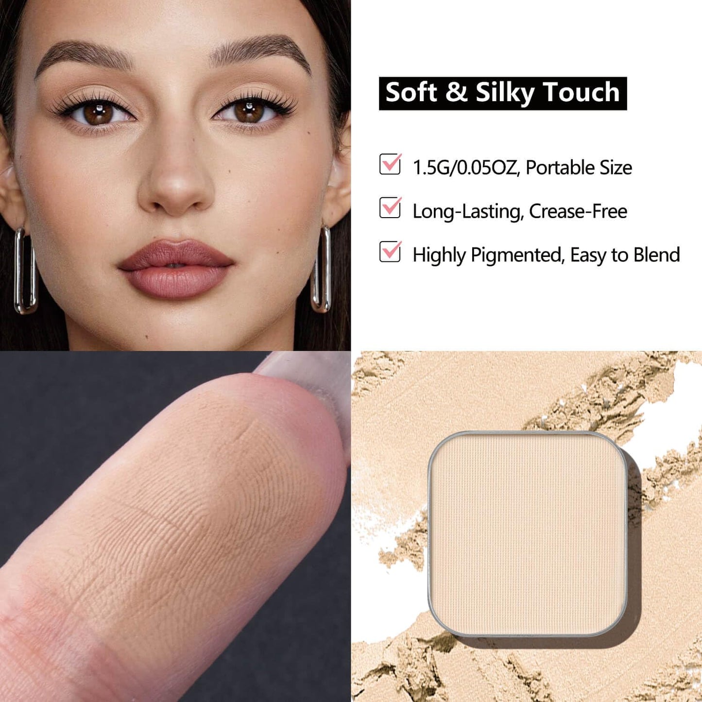 Fillwie 3-Color Eyeshadow Set with Compact – Removable Neutral Matte & Shimmer Pans, Ivory, Champagne & Taupe, High-Pigment Longwear Eye Makeup