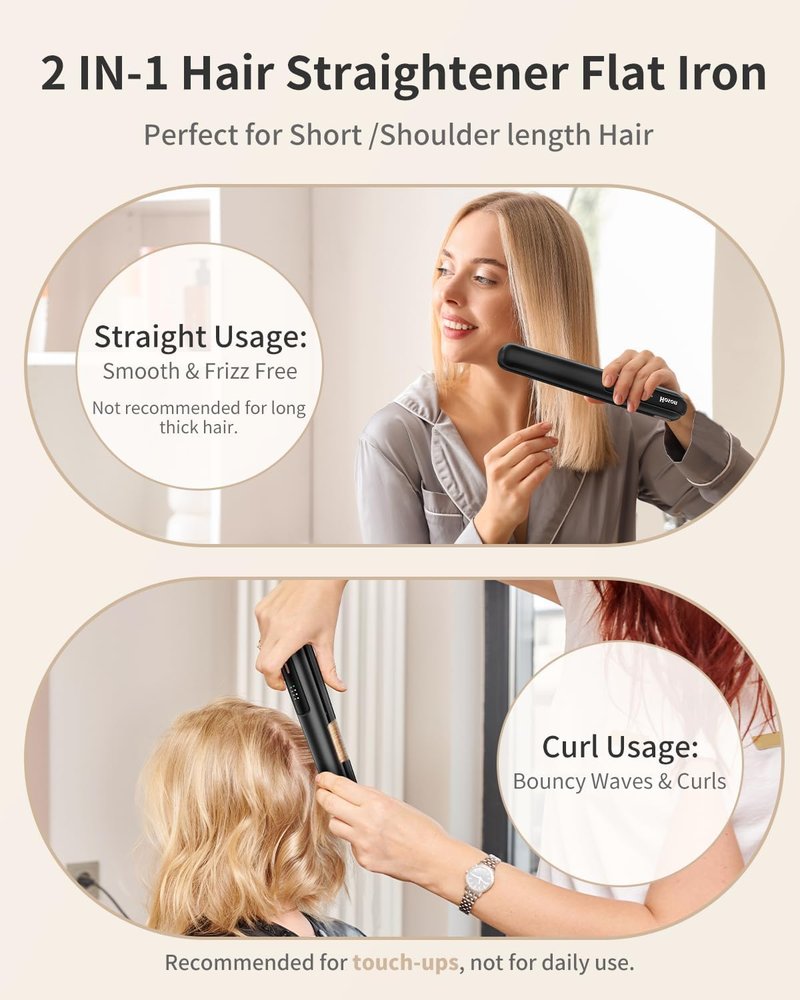 Cordless Hair Straightener,Portable Mini Flat Iron Travel for Bangs,Short Hair, Rechargeable Curling Iron and Curler 2 in 1,Black,for Touch Ups