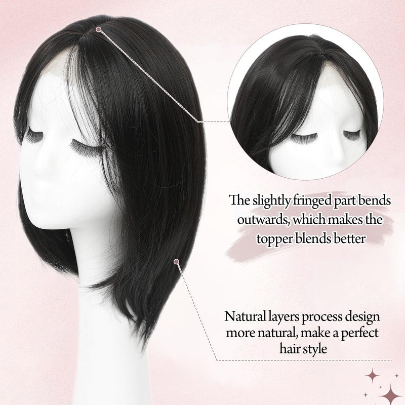 Megito Hair Topper 12inch Clip in Synthetic Hair Toppers for Women with Thinning Hair Lightweight and Breathable 6.5"X6.5" Big Base Toppers Hair Pieces for Women Daily Use Black