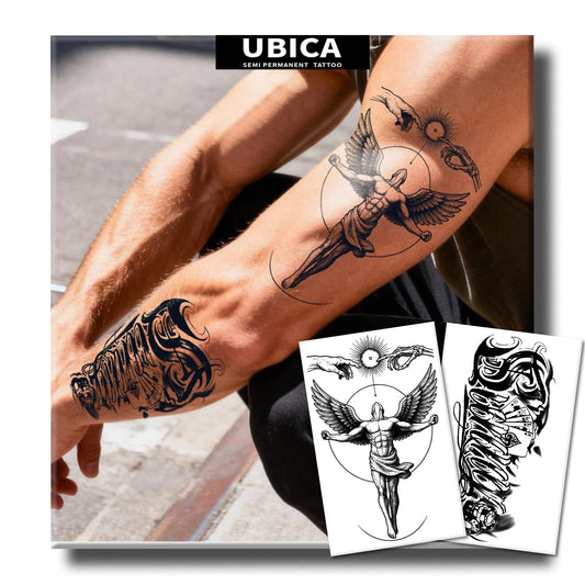 UBICA Semi Permanent Tattoos, 2 Sheets Large Realistic Temporary Tattoos for Men, Fake Tattoos for Arm Back, Waterproof, No Reflective, Lasts 1-2 Weeks (Mythical Angel Wing & Cards Win Designs)
