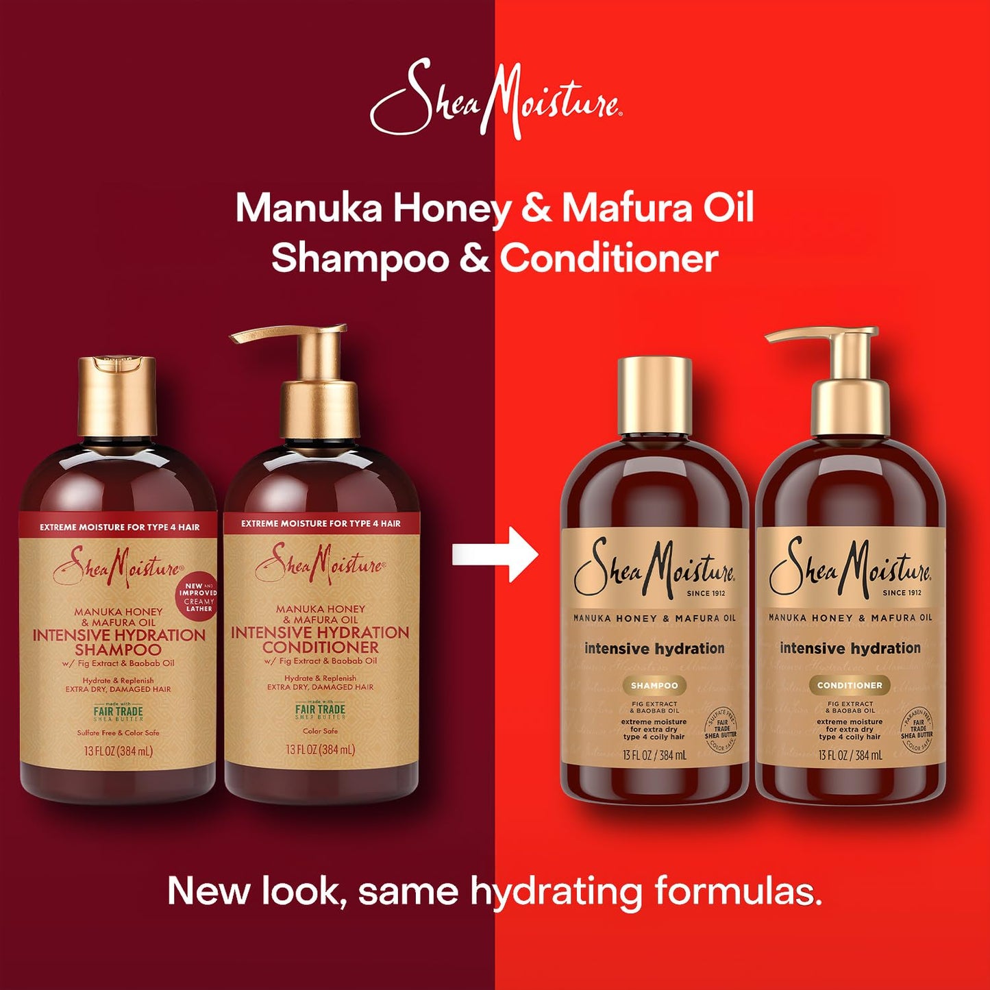 SheaMoisture Shampoo & Conditioner, Manuka Honey & Mafura Oil Intensive Hydration for Extra Dry, Damaged Hair, 13 Oz Ea