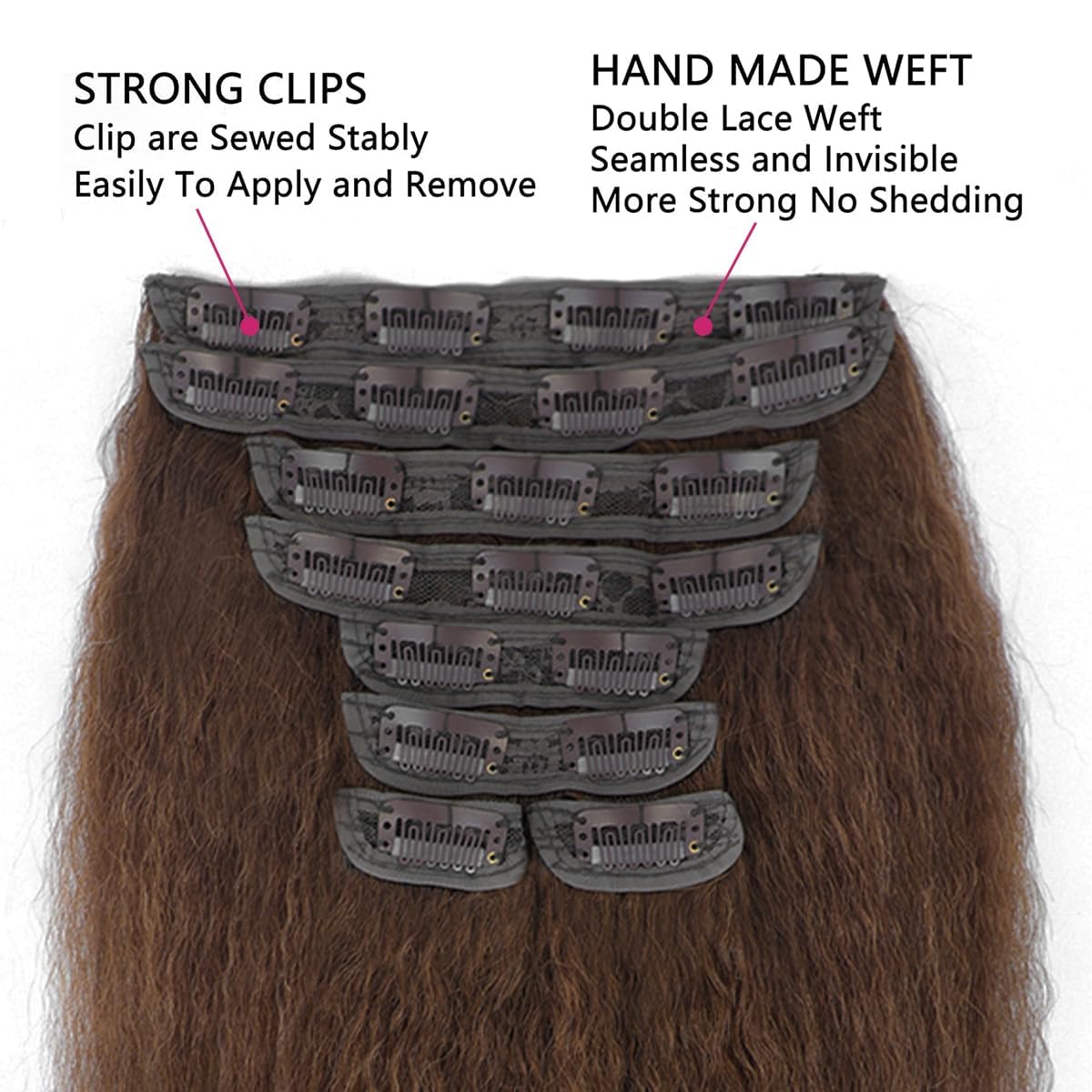 14 Inch Chocolate Brown Kinky Straight Clip in Hair Extensions Real Human Hair Clip in Extensions 8Pcs 110g 20 Clips Brazilian Virgin Hair Yaki Straight Clip ins Double Weft