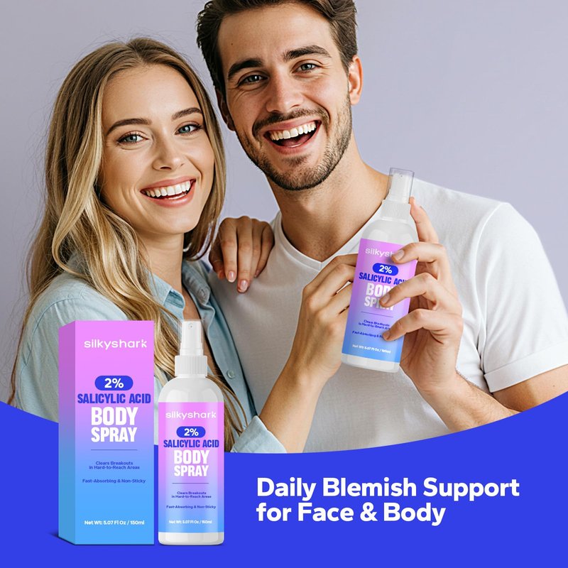 SilkyShark 2% Salicylic Acid Body Spray (5.07 Fl Oz), Back Acne Treatment Spray for Chest, Shoulders & Face, Body Acne Spray for Blackheads & Breakouts, 360° Continuous Mist, Fast-Absorbing Formula