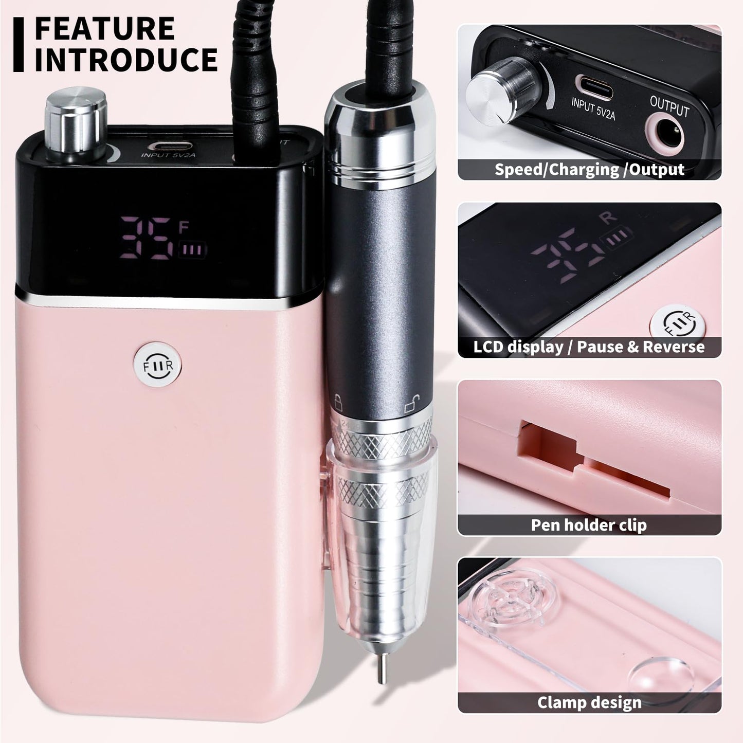 Moskany Professional Electric Nail Drill Kit Pink Portable Rechargeable Cordless Nail File Machine 35000 RPM with 7PCS Bits for Acrylic Gel Powder Nails Polish Pedicure Toenail Tool Salon Set