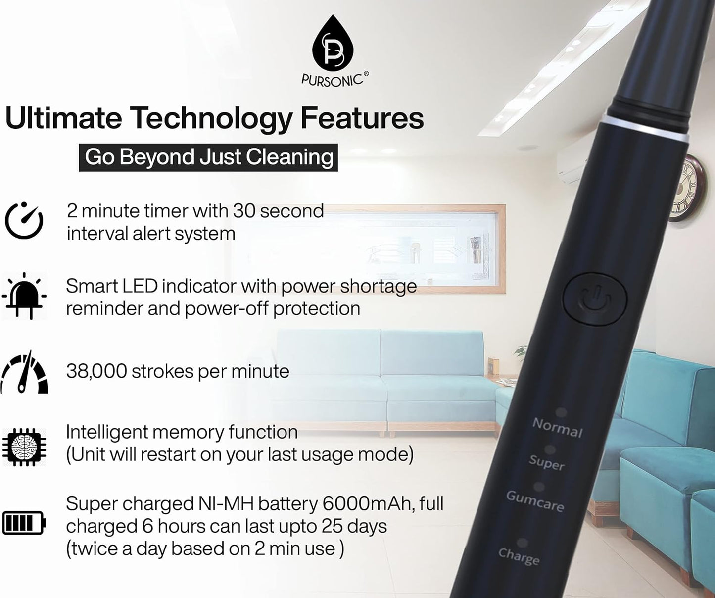 Pursonic Sonic Toothbrush - USB Rechargeable with 12 Brush Heads & 38,000 Strokes/Min | 3 Modes & Timer (Black)