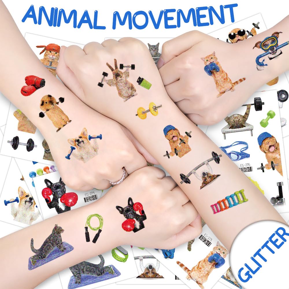 Oottati 12 Sheets Waterproof Temporary Tattoos Stickers Small Cute Animal Loves To Gym Cat Dog Mouse Keep Fit Boxing Jumping Weightlifting Dumbbell Kettlebell Rope Suit For Kids And Adults