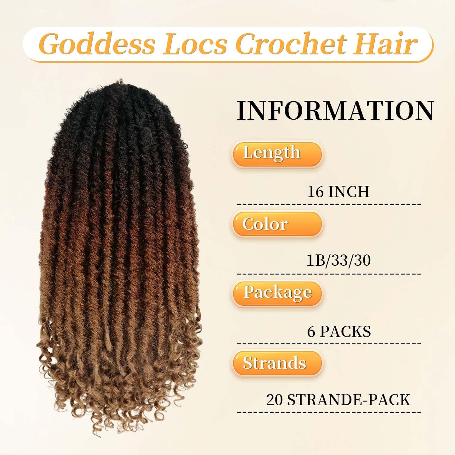 Goddess Locs Crochet Hair 6 Packs, 16 Inch Straight Faux Locs Crochet Braids, Pre-Looped Curly Soft Synthetic Ombre Braiding Hair Extensions for Black Women(16 Inch, 6 Packs, 1B/33/30#)