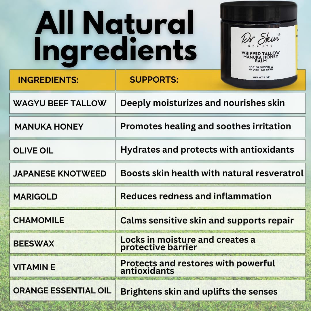 Whipped Beef Tallow & Manuka Honey Balm - Organic Lip Balm and Skin Lotion with Olive Oil for Psoriasis & Eczema - Hydrating For Men, Women & Babies - Orange Scented, 4oz