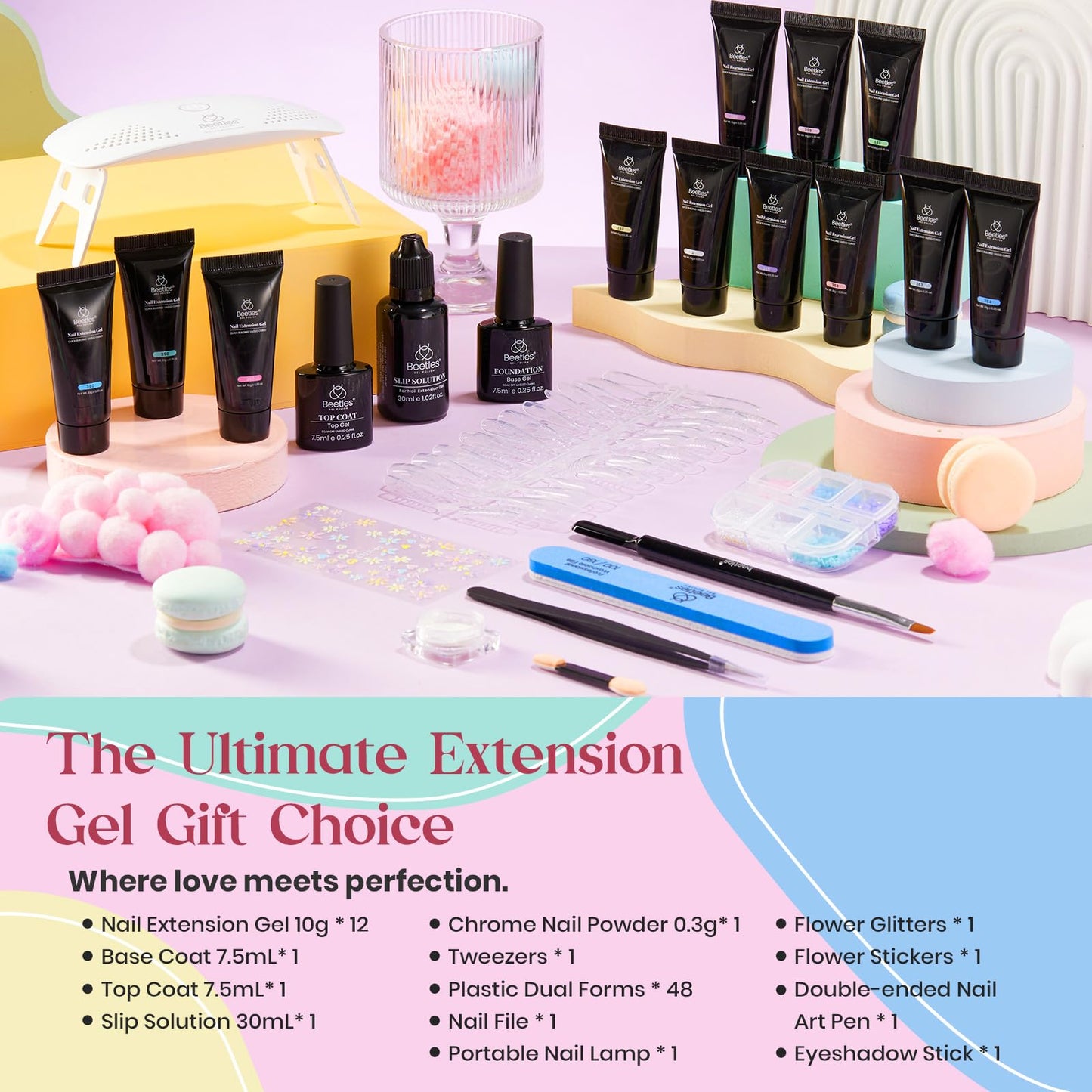 Beetles Poly Extension Gel Nail Kit Bubblegum Garden Chrome Powder Include Nail Kit for Beginners+ 8-in-1 Gel Builder for Nails