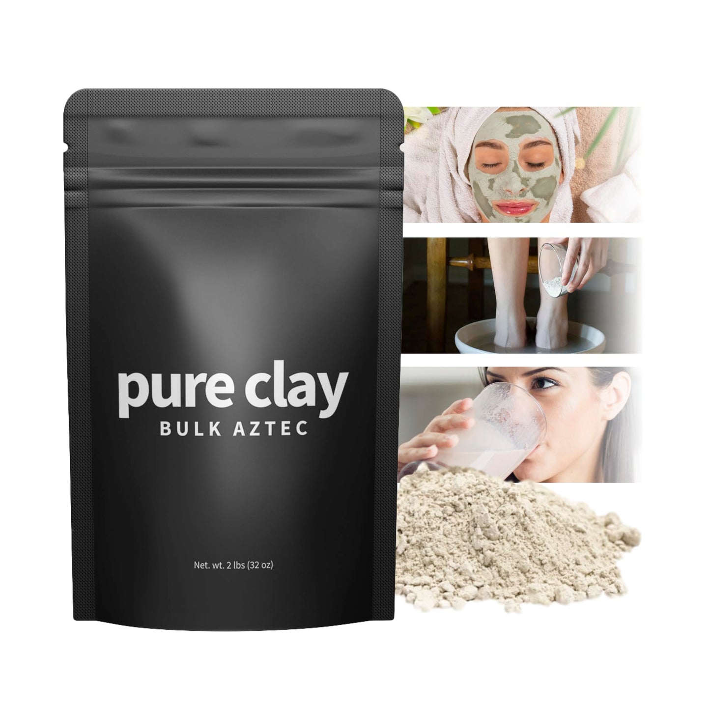 Pure Clay Bulk Aztec Organic Bentonite Clay Powder 2 lb Resealable Pouch Calcium Bentonite for Face Mask, Hair Mask, Body Wrap, Foot Bath, Bath Soak, Poultice, DIY Spa Skin Care Deep Pore Cleanse