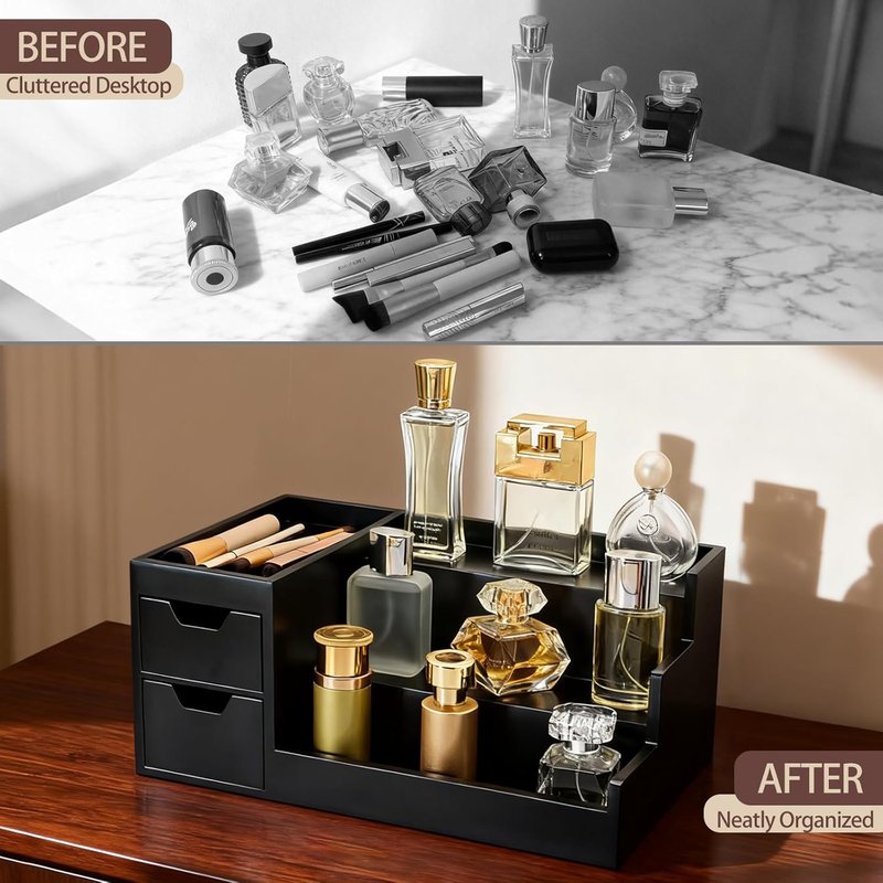 Perfume & Makeup Organizer - Stylish Wooden Rack for Cologne & Skincare | Black