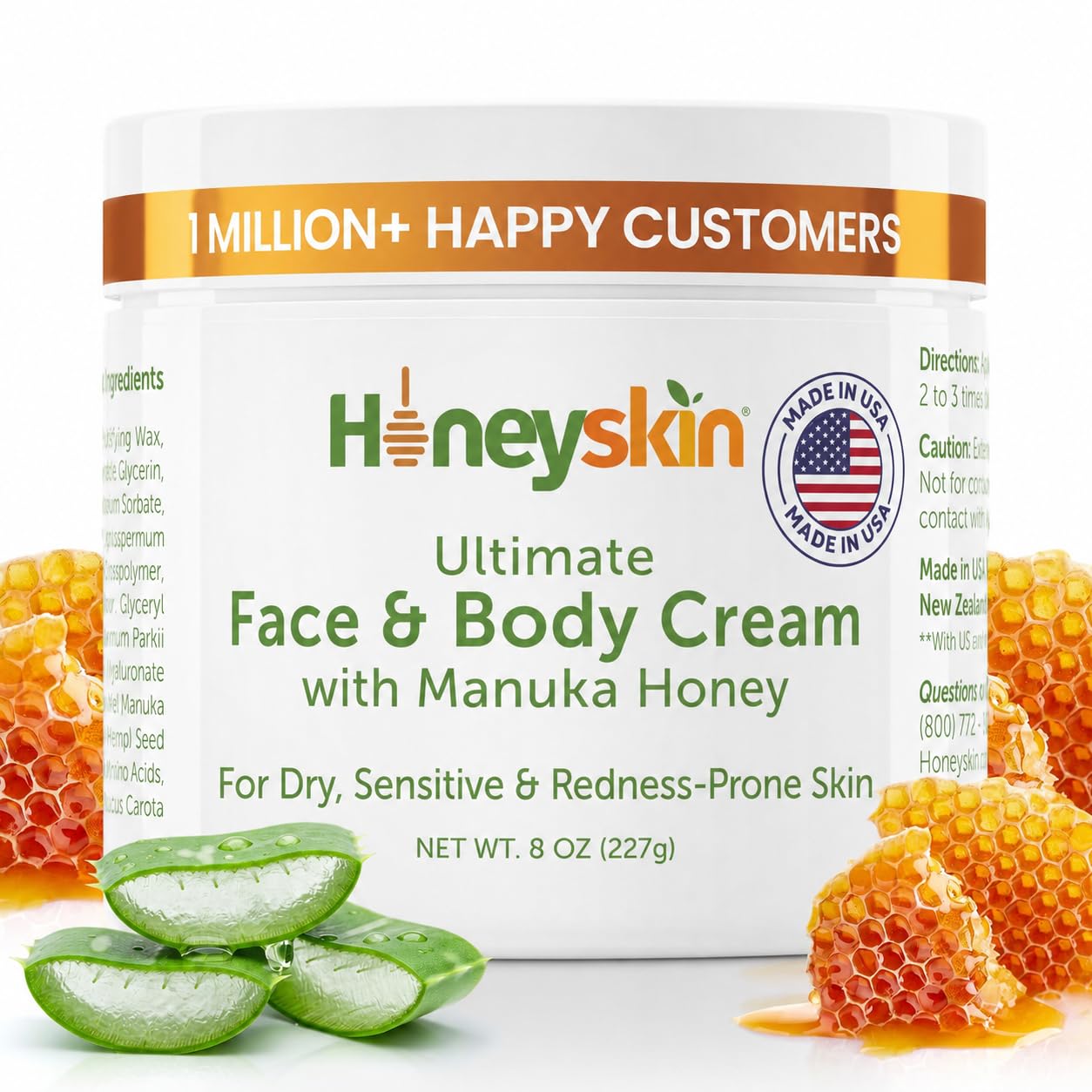 Honeyskin Ultimate Face & Body Cream with Manuka Honey MGO 514+ - Organic Hydrating Moisturizer for Extremely Dry, Sensitive Skin - Soothing Cream for Dry, Itchy & Flaky Skin 8oz