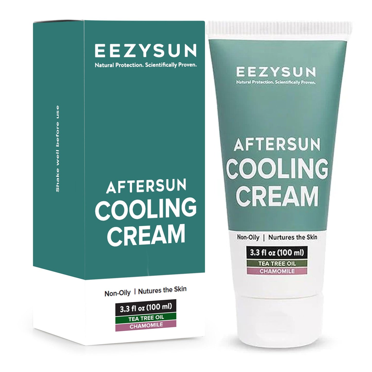 EEZYSUN AfterSun Cooling Cream - Vegan After Sun Lotion with Aloe Vera, Tea Tree Oil, Chamomile - Soothes, Hydrates Sunburn - Outdoor, Vacation, Beach Essentials, After Sun Skin Care - 3.3 fl oz