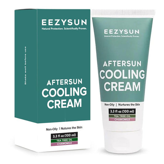EEZYSUN AfterSun Cooling Cream - Vegan After Sun Lotion with Aloe Vera, Tea Tree Oil, Chamomile - Soothes, Hydrates Sunburn - Outdoor, Vacation, Beach Essentials, After Sun Skin Care - 3.3 fl oz