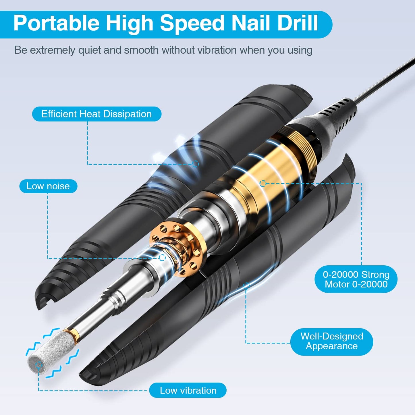 Portable Nail Drill with Power Bank Kit, Electric File for Acrylic Dip Gel and Natural Nails, Manicure Pedicure Drill Efile Tools with Drill Bits and Sanding Bands, Speed Control Power Cord, Black