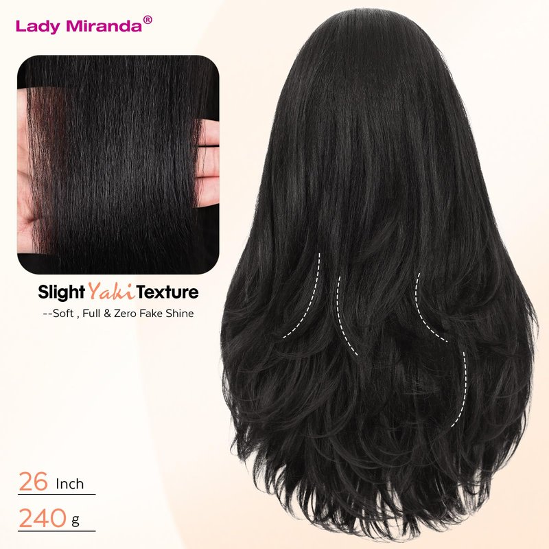 Lady Miranda 26 Inch Yaki Wavy Headband Wigs for Black Women Wear and Go Kinky Straight Headband Wig with Layered Blowout Texture Lightweight Glueless Half Wig Natural Looking Synthetic Wig
