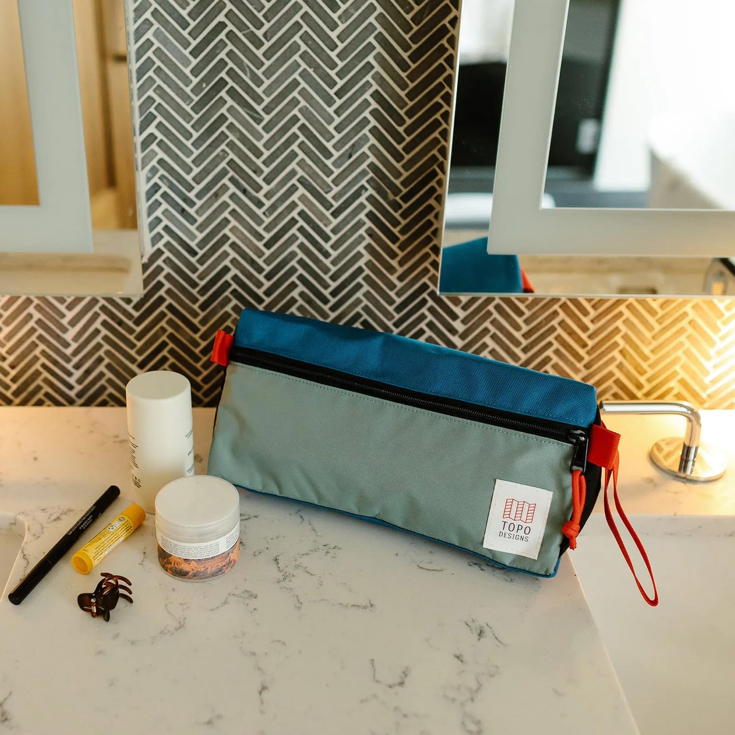 Topo Designs Dopp Kit - Travel Bag for Personal Care Essentials, Self Standing Triangular Shape, Fully Lined for Easy Cleaning, Recycled Nylon (Caribbean)