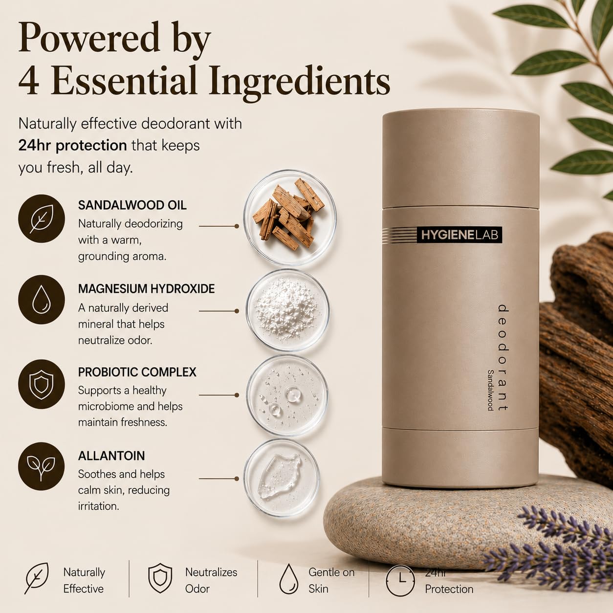 HygieneLab Men’s Deodorant – Aluminum-Free, 24-Hour+ Odor Protection, EWG Verified, Smooth Glide Application, Powered by Essential Oils, Premium Sandalwood Scent