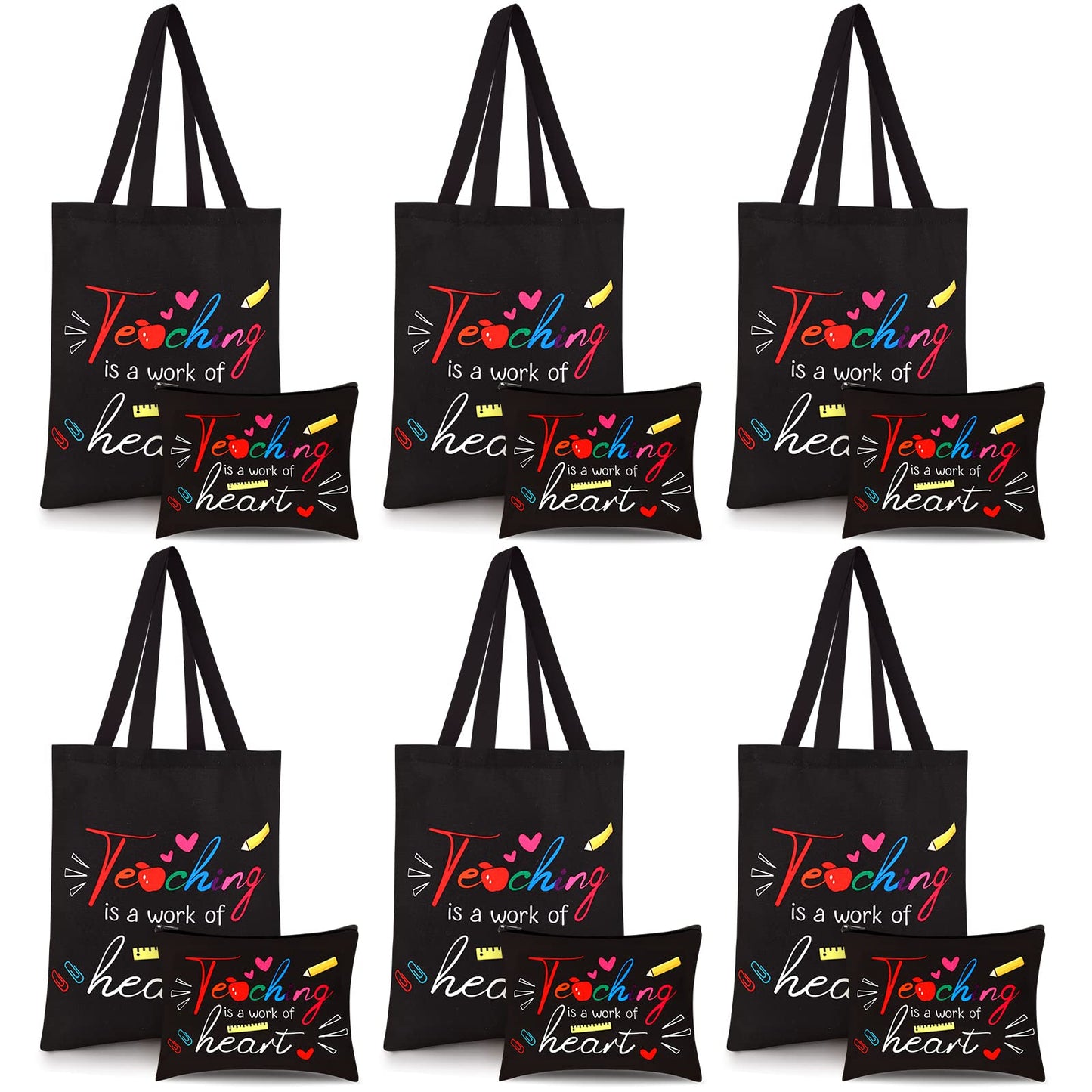 Kacctyen 12 Pcs Teacher Graduation Appreciation Gifts 6 Reusable Grocery Bag 6 Cosmetic Bags Thank You Women Gifts(Teaching is a Work of Heart)