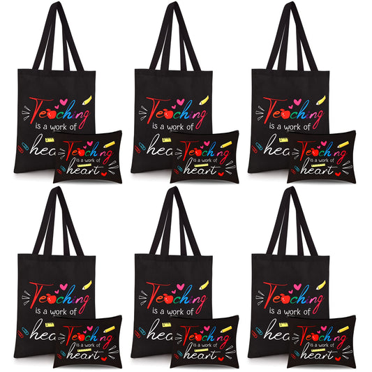 Kacctyen 12 Pcs Teacher Graduation Appreciation Gifts 6 Reusable Grocery Bag 6 Cosmetic Bags Thank You Women Gifts(Teaching is a Work of Heart)