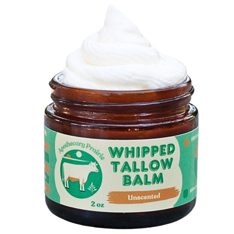 Apothecary Prairie Whipped Tallow Balm (Unscented) - 100% Grass-Fed Beef Tallow and Infused With Organic Sunflower Oil For Total Body Use on Dry Skin, Sunburns, Eczema and Rashes (4oz)