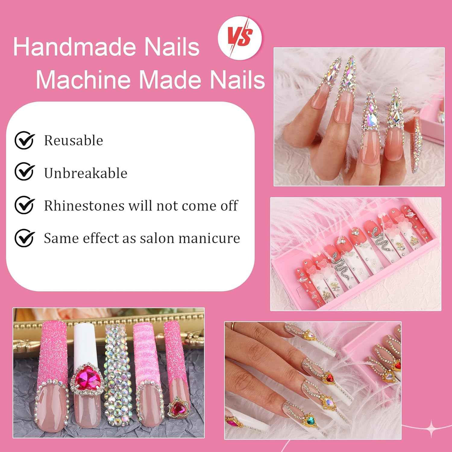 Luxury Pink Acrylic Nail Tips with Crystals - Reusable Long Square Press-On Nails (10 Pcs, Size M)