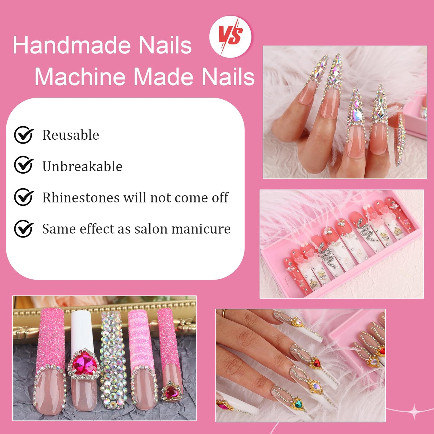 Handmade Long Acrylic Nail Tips, Pink Press on Nails with Full Covered Crystals, Fake Luxury Diamond Nails, Long Square False Nails, Gifts for Women, Reusable Stick On Nails 10Pcs,Bluish pink Size M