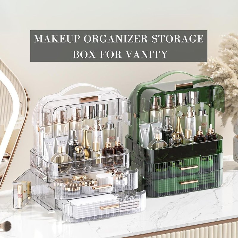 Cosmetics Storage Box - Large Transparent Makeup Organizer with Drawers | Waterproof & Dustproof Skincare Display Case in Clear Green