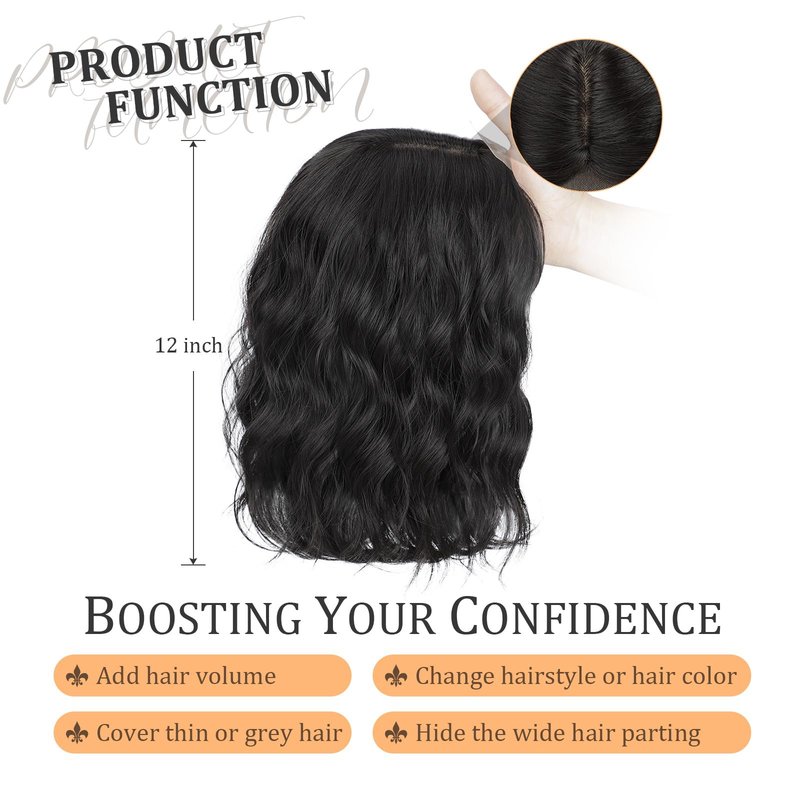 Lommel Hair Toppers for Women 12 Inch Short Wavy Hair Topper with Thinning Hairs Natural-Looking Wiglett Lightweight & Add Volume Hairpiece for White Roots Cover for Daily(Natural Black)