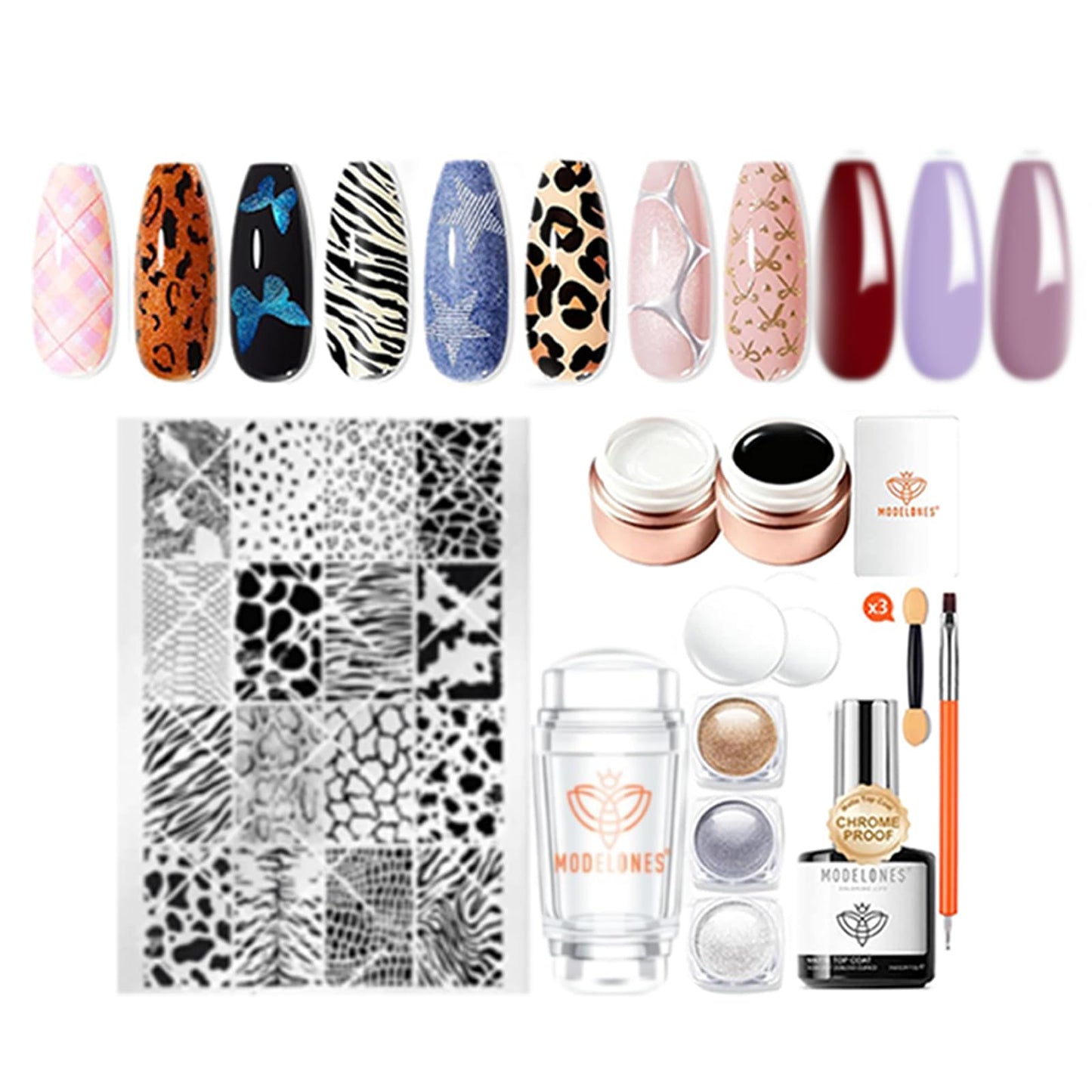 modelones 16 PCS Gel Nail Stamping Plate Set, Animal Print Nail Stamping Plate Gold Silver Pearl Chrome Powder Proof Matte Top Coat White Black Painting Gel Polish Double Head DIY Manicure Gift Kit