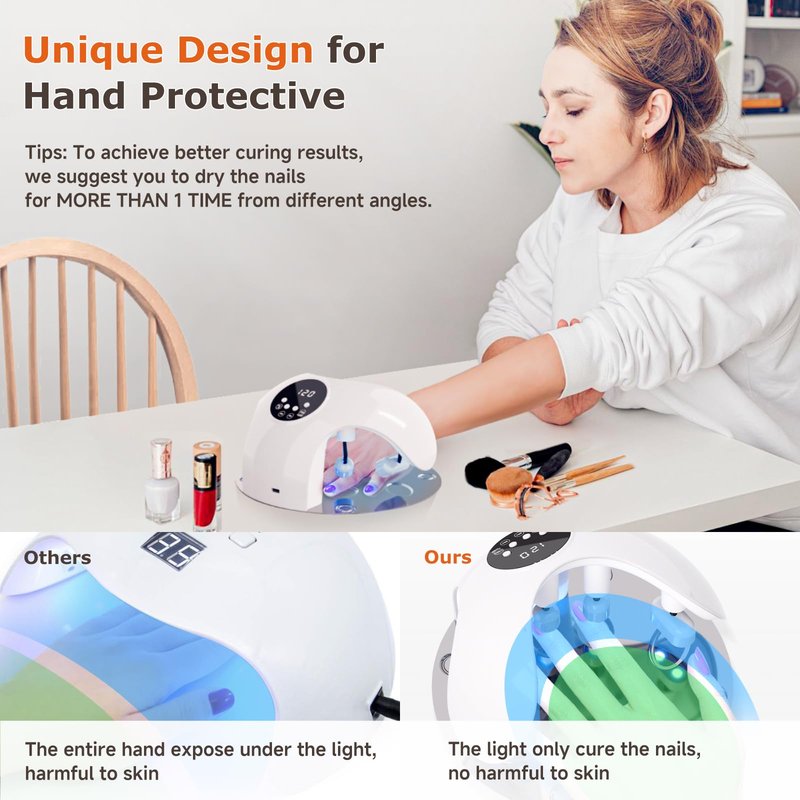 UV LED Nail Lamp, 49W Powerful UV Nail Light with 10Pcs Beads & 4 Timer Setting for All Gel Nails, with 5 Lampshade Encircle Every Fingers for Fast Curing, 150°Angle Adjustable Gel Nail Lamp for Home