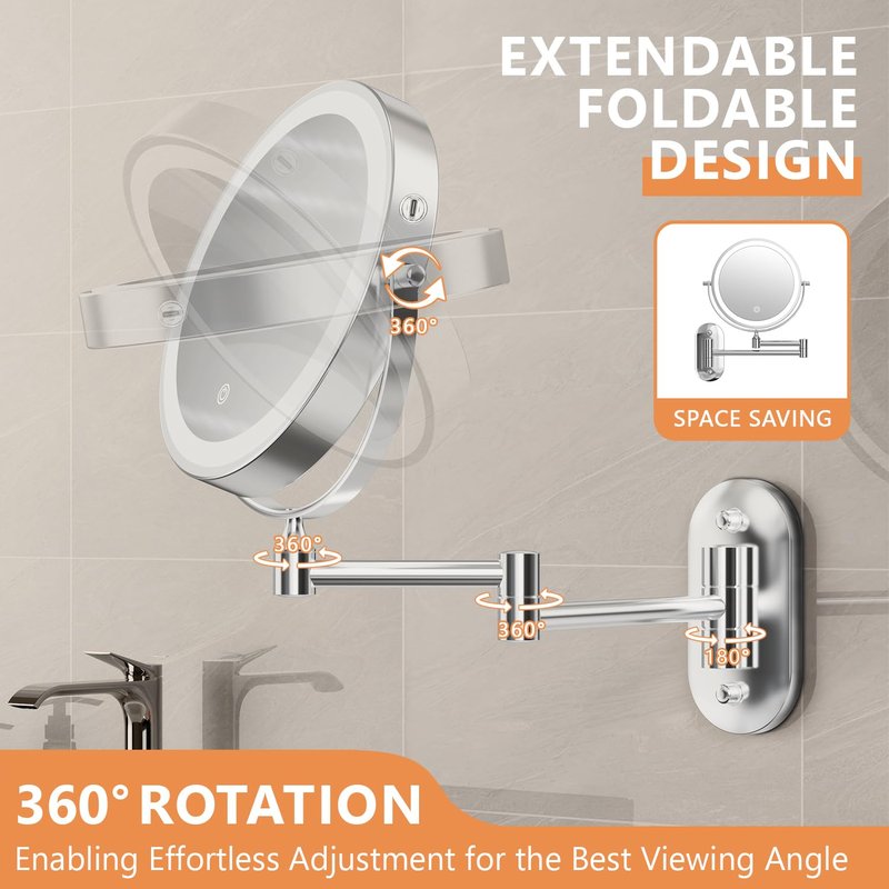 Auxmir 1X/30X Wall Mounted Lighted Makeup Mirror, 8" Rechargeable Double-Sided Magnifying Mirror with Light, Touch Dimmable 3 Color Light, 360° Rotation Foldable Extended Arm, Chrome