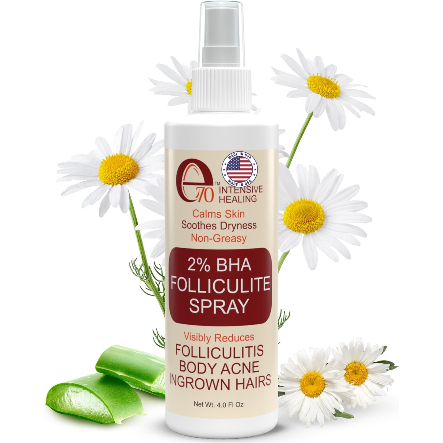 e70 Folliculitis Treatment 2% BHA Body Spray - Salicylic Acid with Tea Tree Oil & Aloe Vera - Spray Moisturizer for Dry Skin, Clogged Pores & Irritation by Made in USA, 4 fl. oz